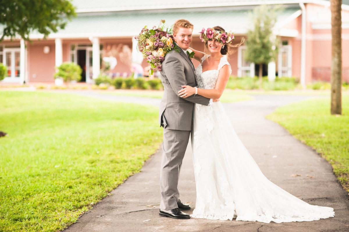 Bride and Groom in Front of Sanborn Center